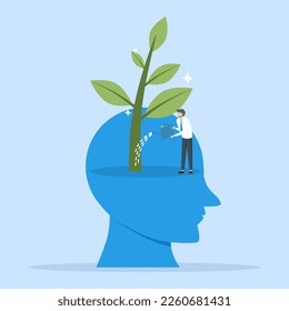 Growth mindset, training to believe in success, motivation or coaching, growing attitude concept, personal development or improvement, man watering plant seeds growing from head brain.