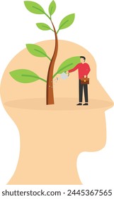 Mentalidad de crecimiento, entrenamiento para creer en el éxito, motivación o coaching, concepto de actitud de crecimiento, desarrollo personal o mejora, muchas semillas de plantas de riego que crecen desde el cerebro de la cabeza.