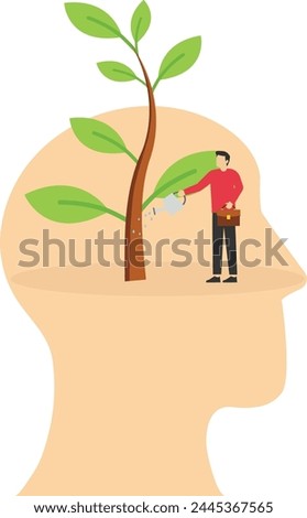 Growth mindset, training to believe in success, motivation or coaching, growing attitude concept, personal development or improvement, man watering plant seeds growing from head brain.