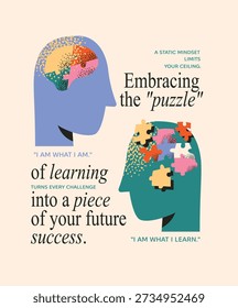 Growth Mindset Vector: Head Profiles with Jigsaw Puzzle Pieces Metaphor for Learning, Mental Development, and Success. Illustration of Fixed vs Growth Mindset, Problem Solving, and Psychology.