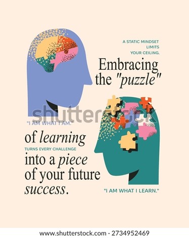 Growth Mindset Vector: Head Profiles with Jigsaw Puzzle Pieces Metaphor for Learning, Mental Development, and Success. Illustration of Fixed vs Growth Mindset, Problem Solving, and Psychology.