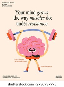 Ilustração do Vetor da Mentalidade do Crescimento: Pesos de Levantamento do Cérebro Humano como Metáfora Muscular para Aprendizagem, Força Mental e Persistência. Arte de conceito educacional sobre luta, esforço e resiliência.