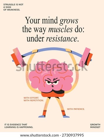 Growth Mindset Vector Illustration: Human Brain Lifting Weights as Muscle Metaphor for Learning, Mental Strength, and Persistence. Educational Concept Art on Struggle, Effort, and Resilience.