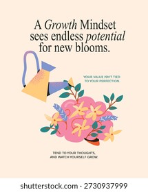 Growth Mindset Vector Poster with Watering Can and Brain Flowers, Inspirational Quote About Potential, Mental Health Self-Care, Personal Development, Psychological Wellness, and Lifelong Learning