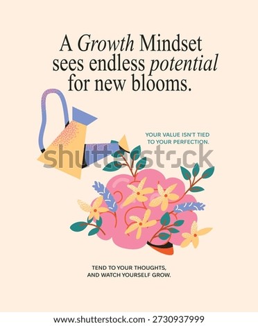 Growth Mindset Vector Poster with Watering Can and Brain Flowers, Inspirational Quote About Potential, Mental Health Self-Care, Personal Development, Psychological Wellness, and Lifelong Learning