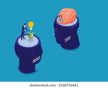 Crescimento Mindset vs Conceito de Mindset Fixo com Ilustrações de Cérebro e Lâmpada Ilustração de vetor isométrico 3d