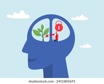 Growth mindset vs Fixed Mindset , people Watering plants with big brain growth on human head with brain inside and symbol.The difference of positive and negative thinking mindset concepts.