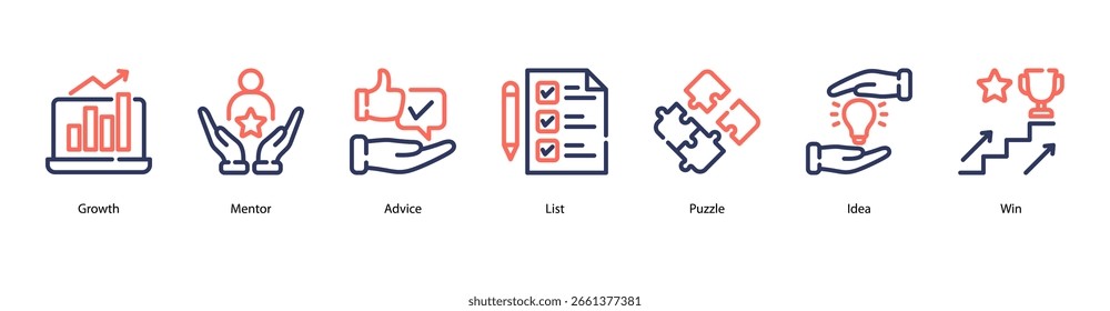 Growth Mindset web banner icon vector illustration featuring Growth, Mentor, Advice, List, Puzzle, Idea, and Win.