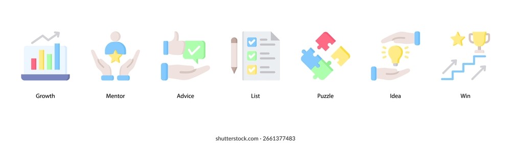 Growth Mindset ícone de banner web ilustração vetor com Crescimento, Mentor, Conselhos, Lista, Puzzle, Ideia e Ganhar.