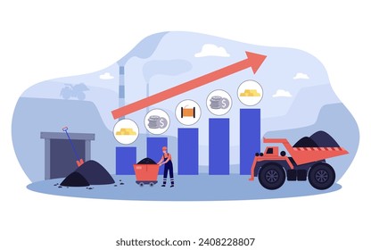 Growth of mining and metal industry concept. Mining worker, waggon, dump truck vector illustration with bar chart and arrow up on background.