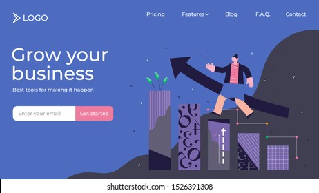 Growth modern abstract concept vector illustration landing page template design. Increased economical percent rate measurement in startup seed investment. Successful business person profit management.