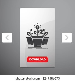 growth, money, plant, pot, tree Glyph Icon in Carousal Pagination Slider Design and Red Download Button