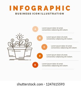 growth, money, plant, pot, tree Infographics Template for Website and Presentation. Line Gray icon with Orange infographic style vector illustration