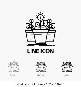 growth, money, plant, pot, tree Icon in Thin, Regular and Bold Line Style. Vector illustration