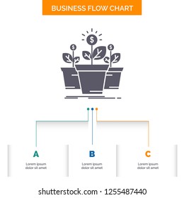growth, money, plant, pot, tree Business Flow Chart Design with 3 Steps. Glyph Icon For Presentation Background Template Place for text.