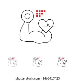 Growth, Muscle, Heart, Beat Bold and thin black line icon set. Vector Icon Template background