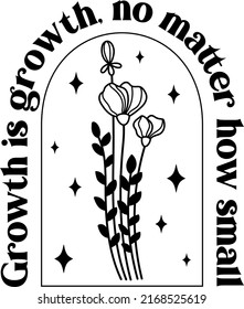 Growth is growth, no matter how small. Wildflowers celestial inspirational saying vector design. Motivational quote, positive affirmation