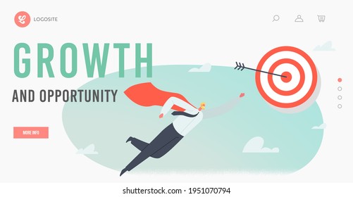 Growth and Opportunity Landing Page Template. Superhero Businessman Character in Red Cloak, Super Employee with Raising Arm Fly Up to Target. Business Success, Leadership. Cartoon Vector Illustration