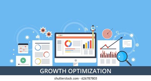 Growth optimization, data-driven marketing, conversion management flat design vector with icons and elements