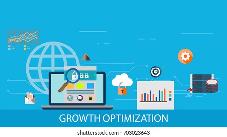 Growth optimization, data-driven marketing, conversion management flat design vector with icons and elements