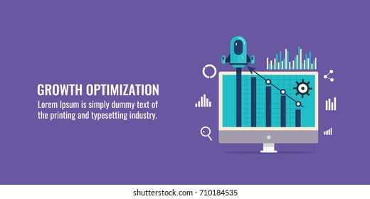 Growth optimization, sales, business, conversion, marketing effort flat vector banner illustration isolated on dark background