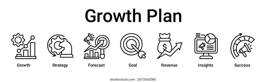 Concepto de Ilustración vectorial de ícono de Web de Plan Anuncio de crecimiento para empresas con ícono de crecimiento, estrategia, pronóstico, objetivo, ingresos, perspectivas.