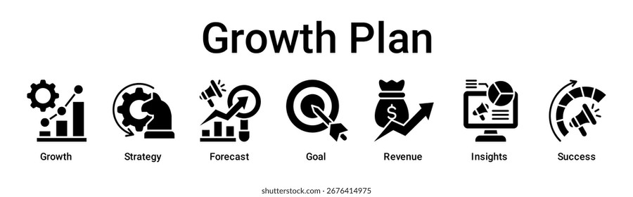 Concepto de Ilustración vectorial de ícono de Web de Plan Anuncio de crecimiento para empresas con ícono de crecimiento, estrategia, pronóstico, objetivo, ingresos, perspectivas.