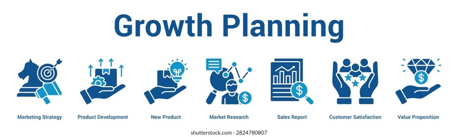 Growth Planning web banner icon vector illustration concept for business with icon of Marketing Strategy, Product Development, New Product, Market Research, Sales Report, Customer Satisfaction, Value.
