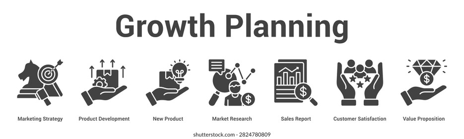 Growth Planning web banner icon vector illustration concept for business with icon of Marketing Strategy, Product Development, New Product, Market Research, Sales Report, Customer Satisfaction, Value.