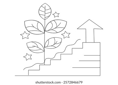 Growth Plant continuous one line art and isolated outline minimalist design With white Background 

