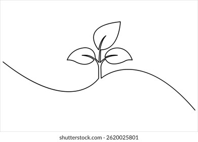 Growth plant in continuous single Line art drawing. Sprout with leaves in simple linear style isolated one line vector illustration