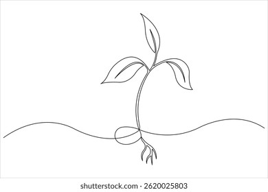 Growth plant in continuous single Line art drawing. Sprout with leaves in simple linear style isolated one line vector illustration