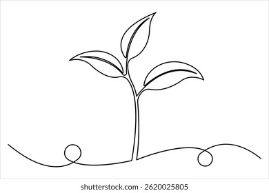 Planta de crecimiento en continuo dibujo de arte de una sola línea. Brote con hojas en estilo lineal simple aislado una línea Ilustración vectorial