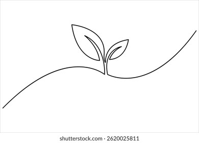 Growth plant in continuous single Line art drawing. Sprout with leaves in simple linear style isolated one line vector illustration