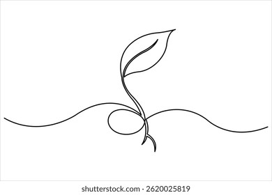 Growth plant in continuous single Line art drawing. Sprout with leaves in simple linear style isolated one line vector illustration