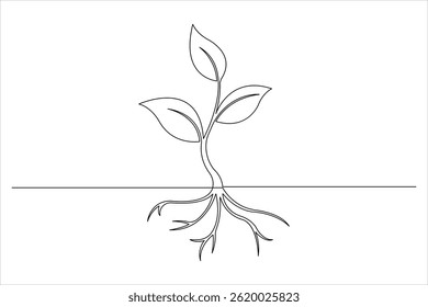 Planta de crecimiento en continuo dibujo de arte de una sola línea. Brote con hojas en estilo lineal simple aislado una línea Ilustración vectorial
