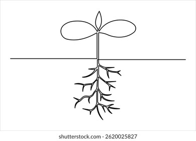 Planta de crescimento em desenho artístico de linha única contínua. Rebento com folhas em estilo linear simples isolado uma linha vetor ilustração