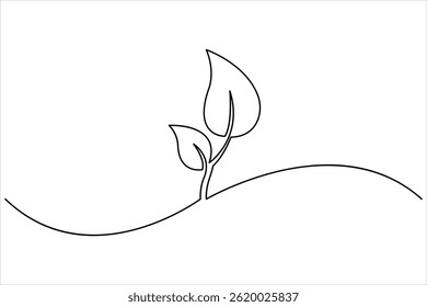 Growth plant in continuous single Line art drawing. Sprout with leaves in simple linear style isolated one line vector illustration