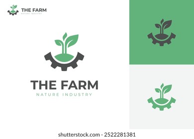 Diseño del icono del logotipo de la planta de crecimiento con rueda dentada y Ilustración vectorial gráfica del símbolo del brote de la hoja para el logotipo moderno de la industria agrícola