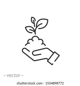 growth plant on the hand, icon, outline leaf, seedling, thin line web symbol on white background - editable stroke vector illustration