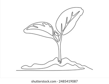 Growth plant in one Continuous Line Drawing. Sprout with leaves in simple linear style isolated on white background. Editable stroke. Vector illustration