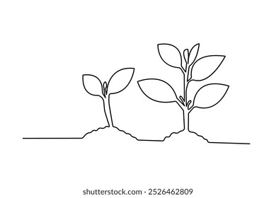 Growth plant processing continuous one line drawing and simple isolated outline vector design