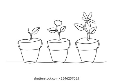 Growth plant processing one line art continuous one line drawing of minimalist outline vector design