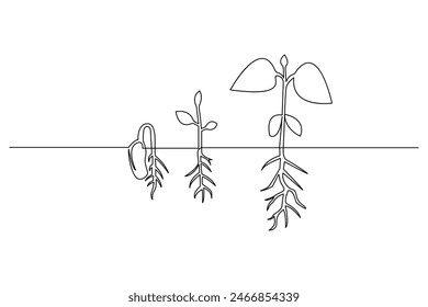 Planta de crecimiento que procesa el arte de una sola línea dibujo continuo de una línea de Arte vectorial de contorno aislado