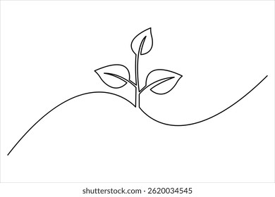 Growth plant in single continuous Line drawing. Sprout with leaves in simple linear style isolated vector illustration