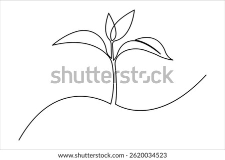 Growth plant in single continuous Line drawing. Sprout with leaves in simple linear style isolated vector illustration