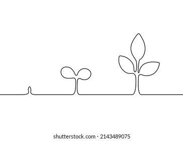 Growth plant stage contour silhouette, one continuous line drawing. Step of tree growth. Emergence of new, development and formation. Simple abstract outline. Vector illustration