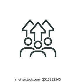 Growth population, professional potential, increase team outline icon. Line sign team of people and three arrows pointing up. Vector isolated pictograms for web on white background editable stroke.