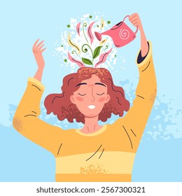 Growth positive think. Grow mindset and optimistic thinking, self improvement mental health happy mind woman watering plant flower brain in head, concept classy vector illustration original artwork