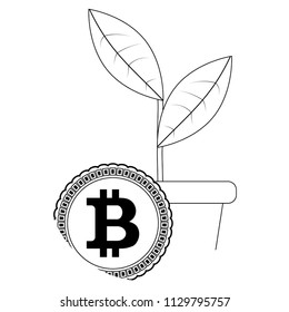 Growth price bitcoin. Coin and plant in pot. Vector illustration